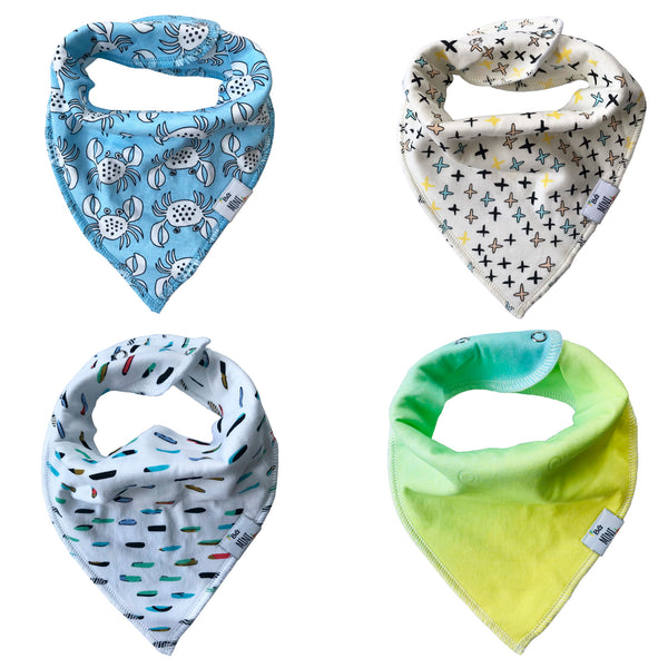 Four organic bibs for babies, with different patterns and colors, displayed in two rows.